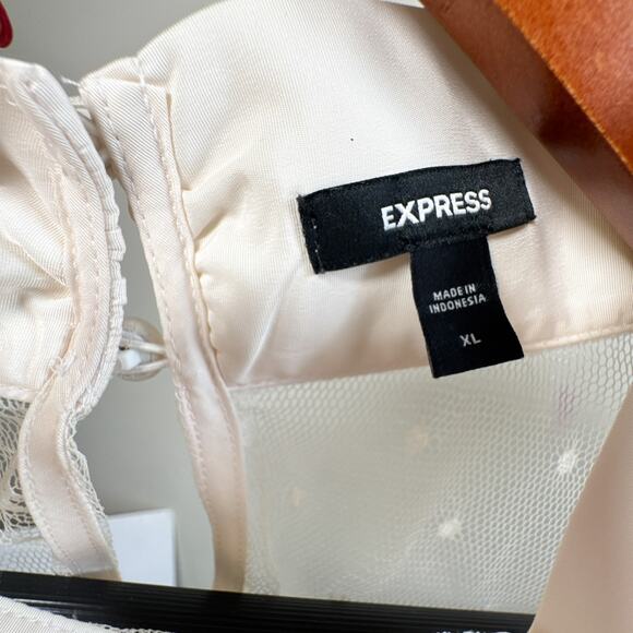 Express Ivory Sheer Swiss Dot Mesh Bow Tie Blouse Long Sleeve Top XL - Picture 5 of 9